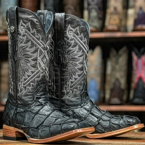 Men's Genuine Monster Leather Fish Square Toe Boots Black Custom Cowboy Boots