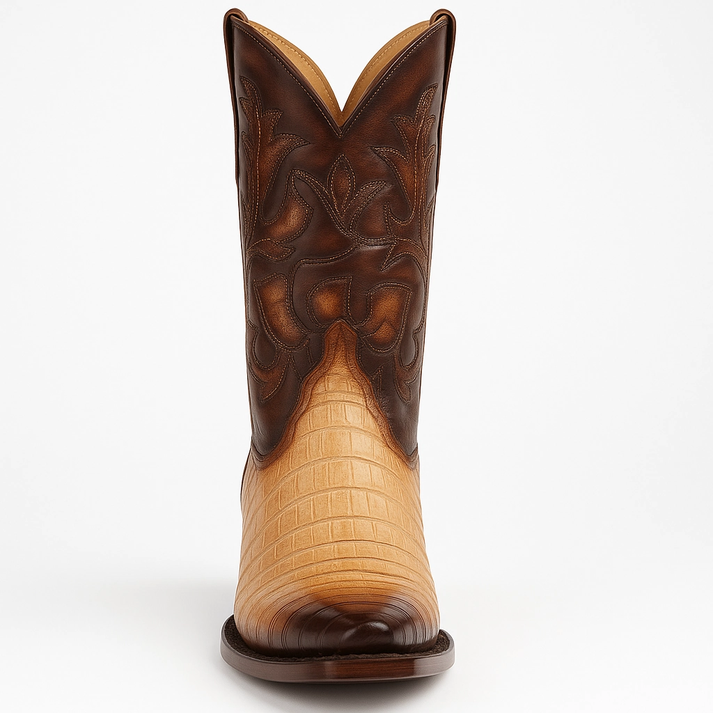 Men's King Exotic Snip Toe Caiman Belly Boots Handcrafted Burnished Oryx (494RD8215) Cognac Ladies Boots