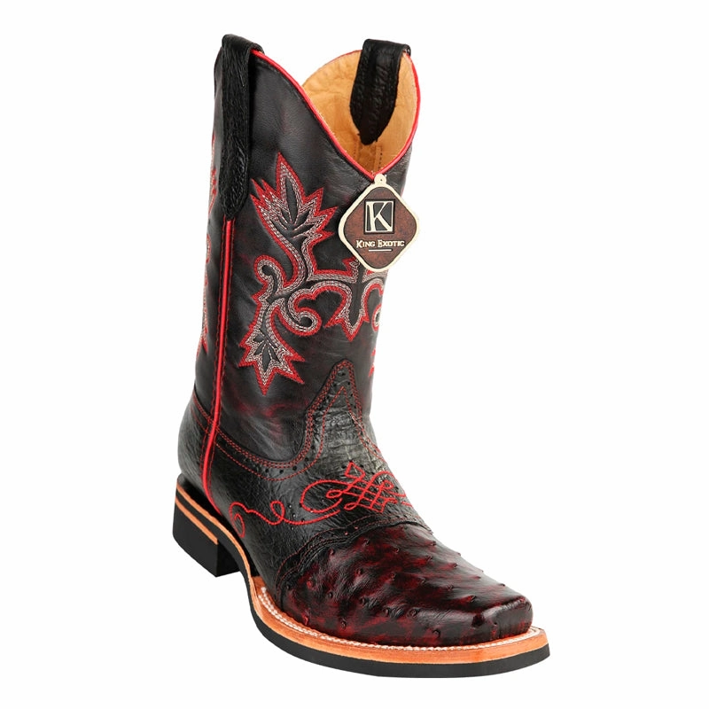 Men's King Exotic Square Toe Ostrich Boots Rubber Sole & Saddle Black Cherry (48160318) Boots For Thick Calves