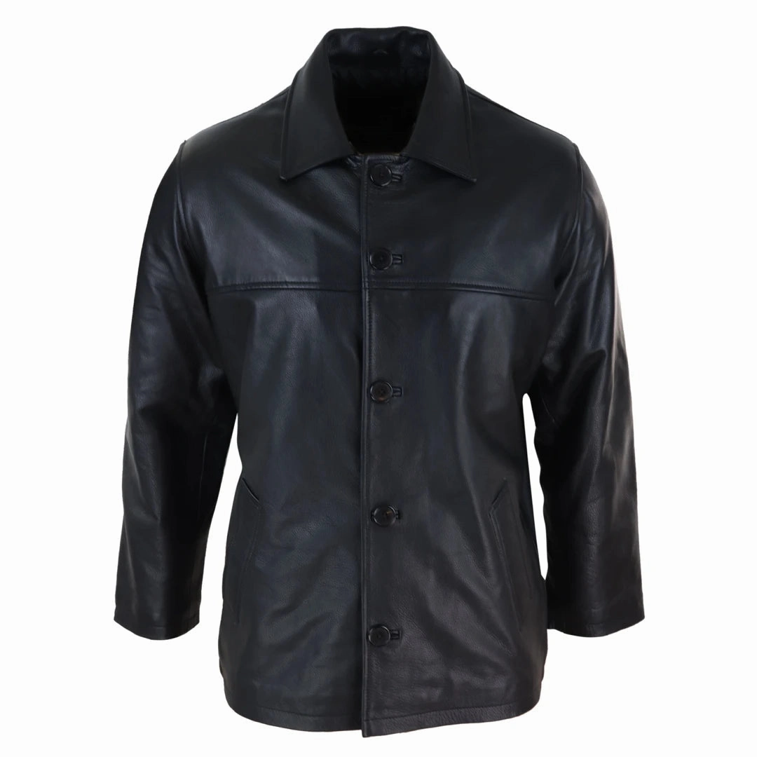 Men's Leather Jacket Button Box Black Brown Mid Length Classic Coat Coats On Sale