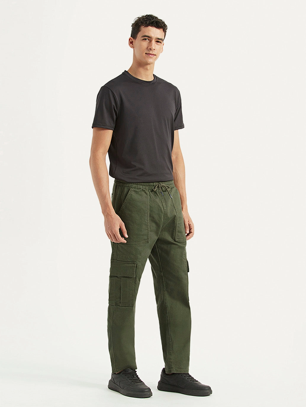 Men's Olive Tapered Fit Cargo Trousers High Rise Skinny Cargo Pants