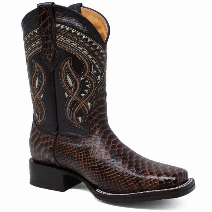 Men's Python Print Leather Square Toe Boots - Brown Heavy-duty Work Boots Waterproof