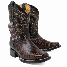 Men's Python Print Leather Square Toe Boots - Brown Embroidered Cowboy Boots