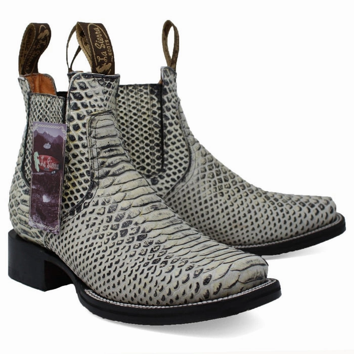 Men's Square Toe Ankle Boots Python Print Natural Long Boots With Heels