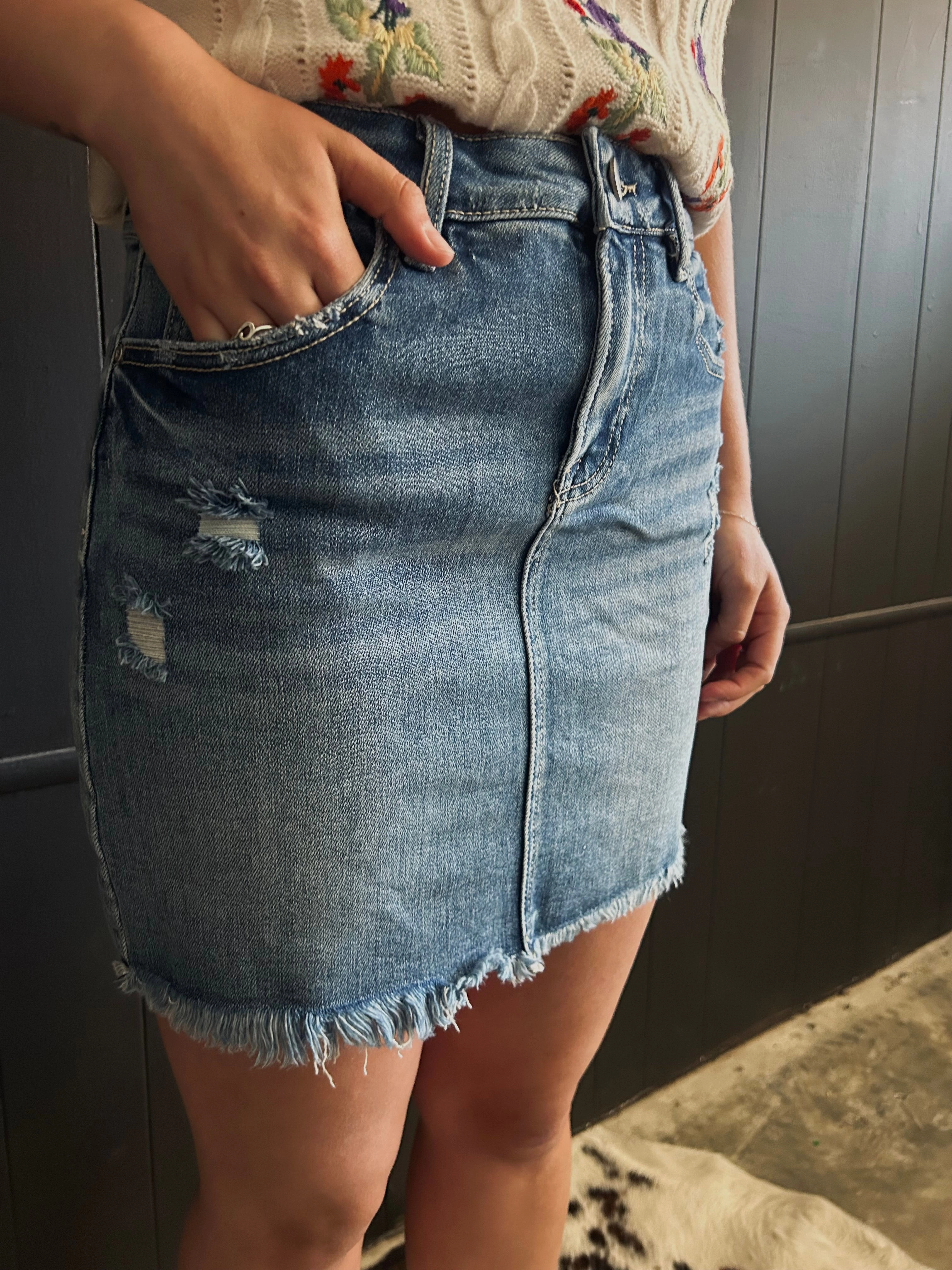 Mid Waist Medium Wash Pencil Skirt