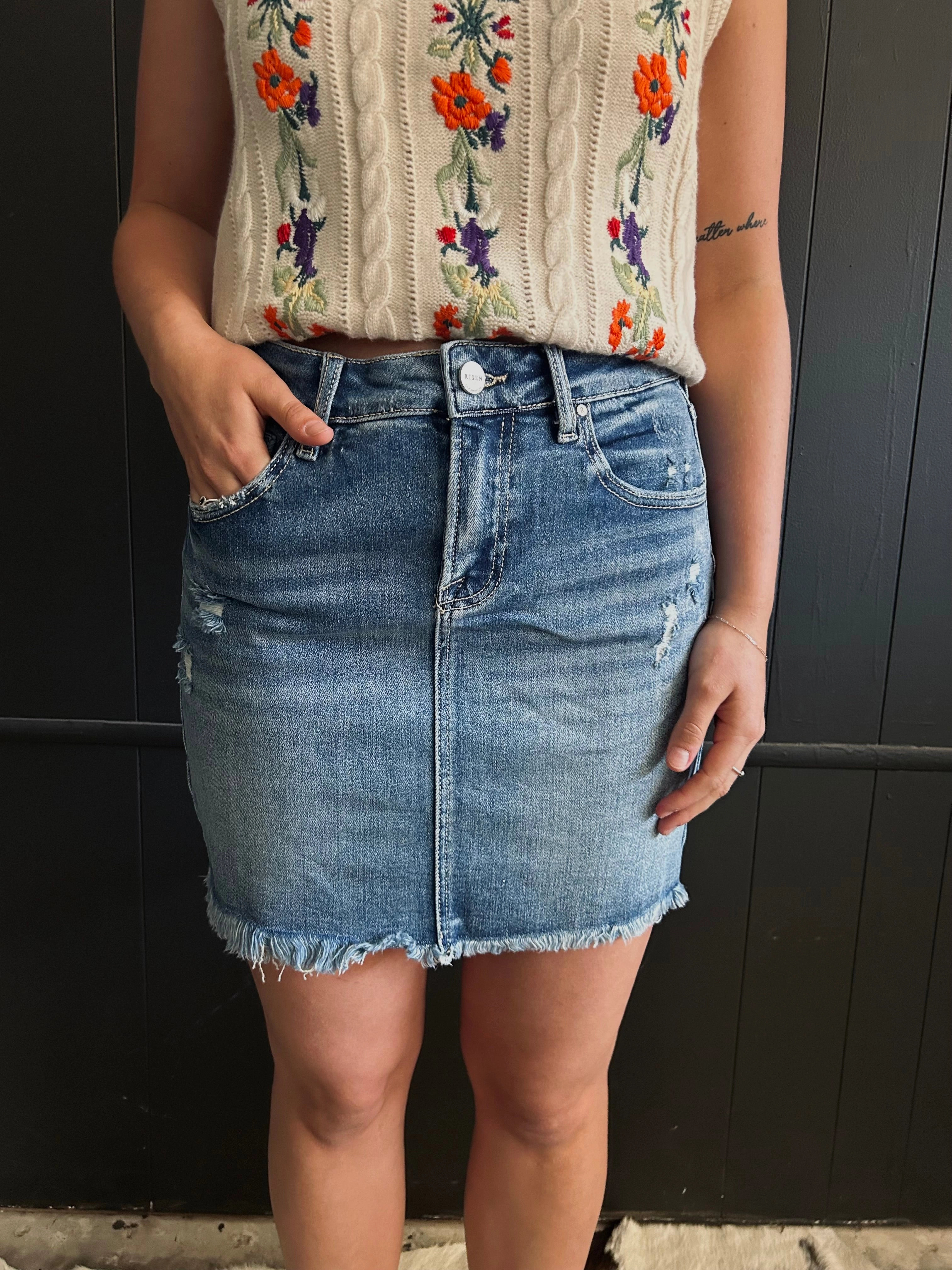 Mid Waist Medium Wash Pencil Skirt 