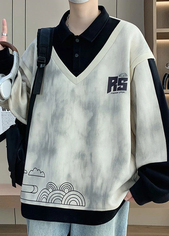 Cotton Button Black Mens Sweatshirts Patchwork Print Chic Spring Sweatshirts For Summer