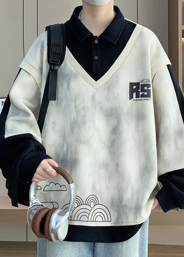 Cotton Button Black Mens Sweatshirts Patchwork Print Chic Spring Washing Sweatshirts