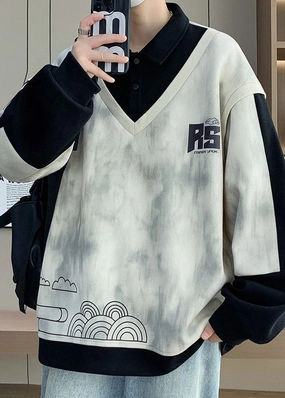 Ethical Sweatshirts Cotton Button Black Mens Sweatshirts Patchwork Print Chic Spring