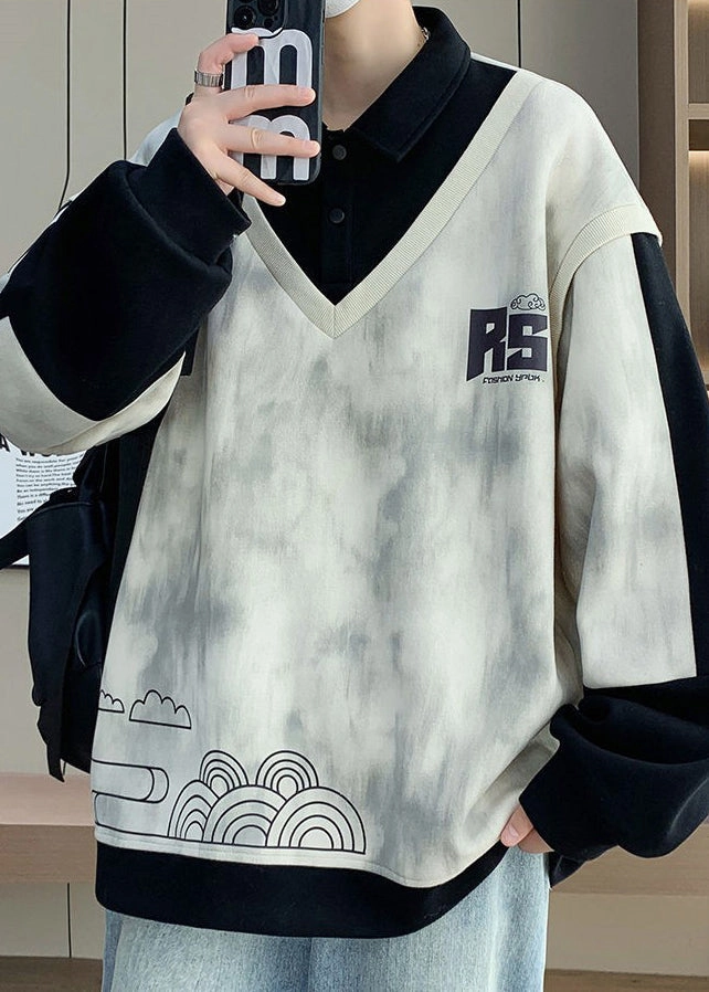 California Sweatshirts Cotton Button Black Mens Sweatshirts Patchwork Print Chic Spring