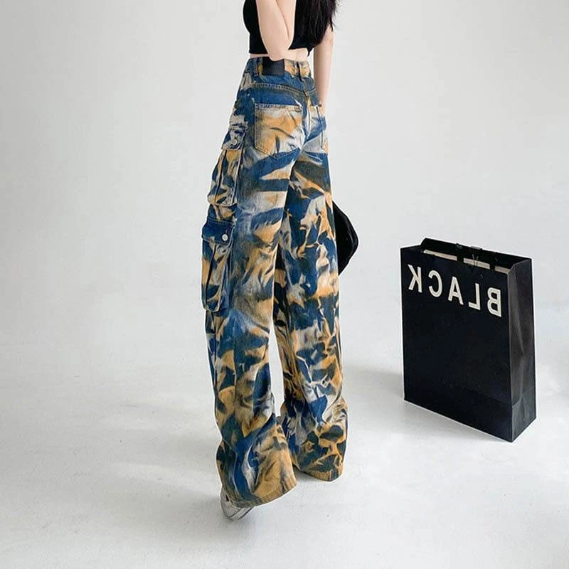 Streetwear Style Cargo Pants New Tie-dye Baggy CargoTrousers With Pockets Y2K Fashion High Waist Loose Wide Leg Pants Spring And Autumn