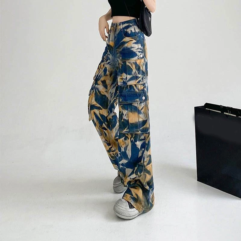 Cargo Pants Dark Gray New Tie-dye Baggy CargoTrousers With Pockets Y2K Fashion High Waist Loose Wide Leg Pants Spring And Autumn