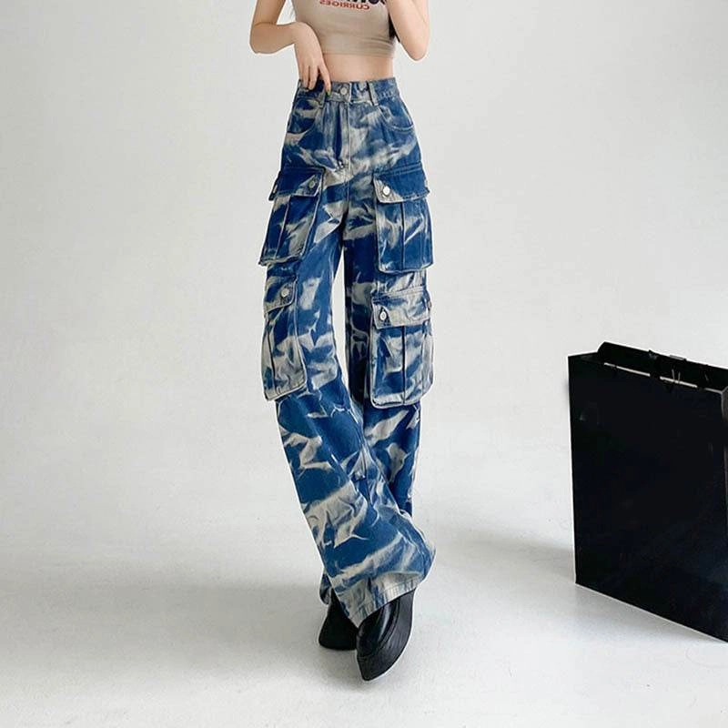 Cargo Pants M&s New Tie-dye Baggy CargoTrousers With Pockets Y2K Fashion High Waist Loose Wide Leg Pants Spring And Autumn