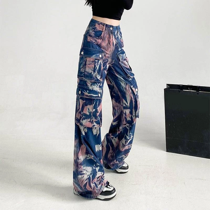 New Tie-dye Baggy CargoTrousers With Pockets Y2K Fashion High Waist Loose Wide Leg Pants Spring And Autumn Dockers Classic Fit Comfort Cargo Pants