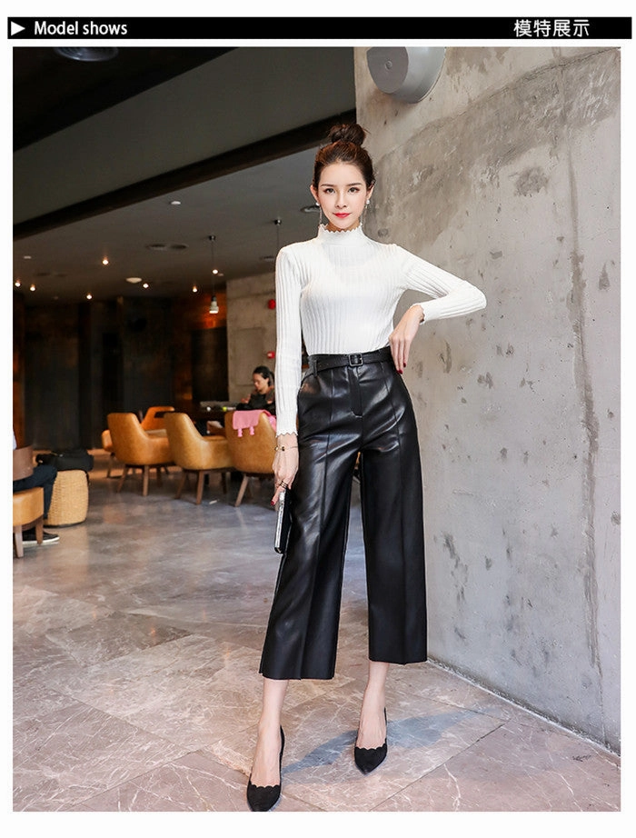 Tete Cargo Pants New Women PU Leather Belted High Waist Pants