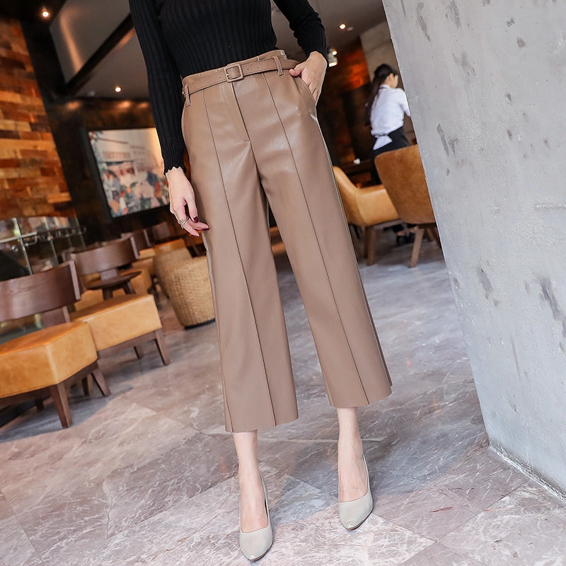 New Women PU Leather Belted High Waist Pants Drkshdw Cargo Pants