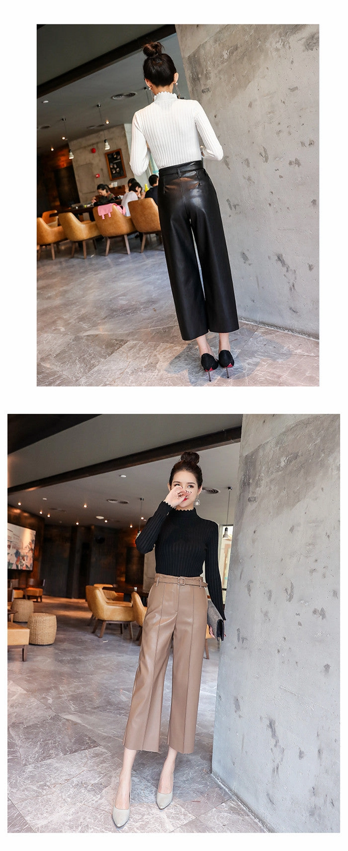 New Women PU Leather Belted High Waist Pants Tie Waist Cargo Pants