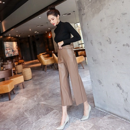 Just My Size Cargo Pants New Women PU Leather Belted High Waist Pants