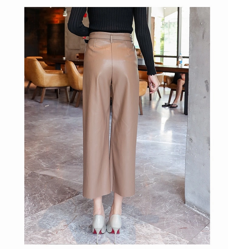 New Women PU Leather Belted High Waist Pants Cargo Pants From Amazon