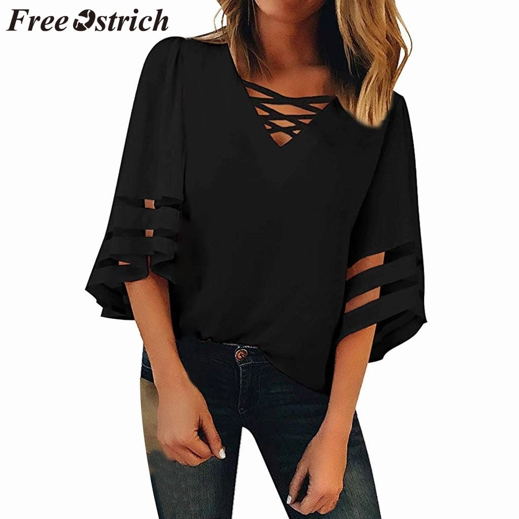 Trump Shirts FREE OSTRICH Women Shirts Flare Sleeve Vneck Solid Color Patchwork Half Black Loose Trend Honorable Elegant Summer Blouse Shirts