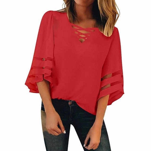 FREE OSTRICH Women Shirts Flare Sleeve Vneck Solid Color Patchwork Half Black Loose Trend Honorable Elegant Summer Blouse Shirts 