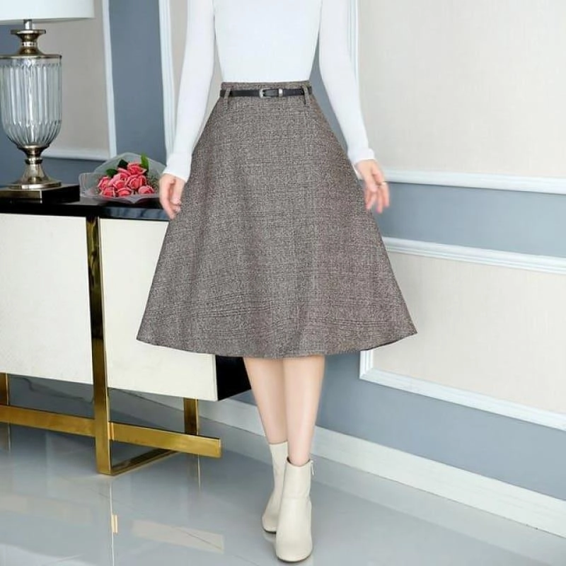 A Line High Waist Plaid Pleated  Swing Skirts Rubber Skirt