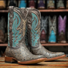 Men's Print Ostrich Square Toe Boots Red with Black Top Boots Vernon