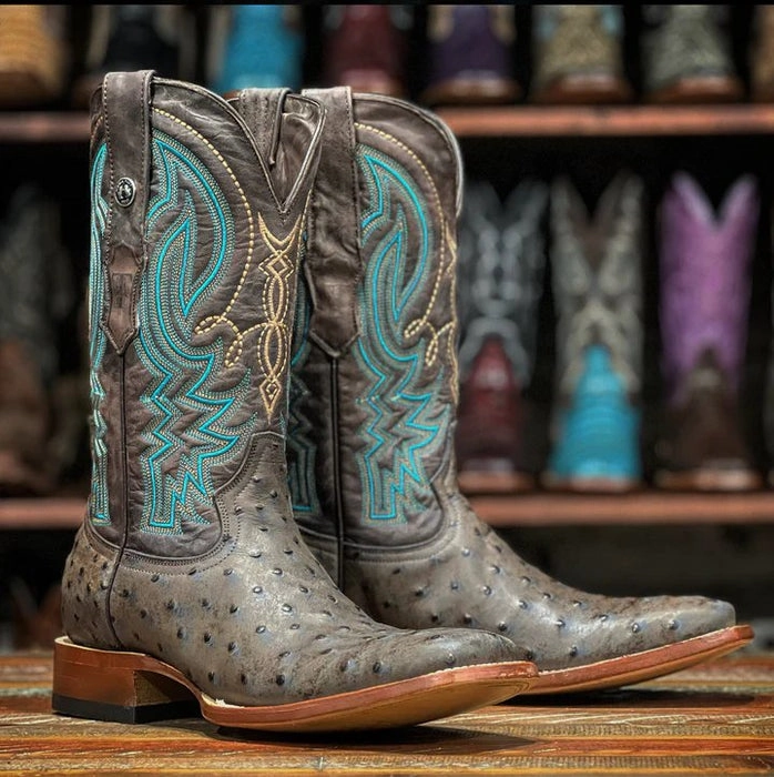 Men's Print Ostrich Square Toe Boots Red with Black Fold Over Knee High Boots