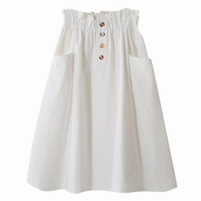 FREE OSTRICH Women Skirt College Style Solid Color High Waist Double Pocket Button Dignified Fashion Summer Short Skirt Under It Denim Skirt Button Front