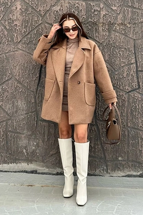 By Gecce Women's Camel Sleeve Detailed Double Pocket Lined Cashmere Coat Arc'teryx Coats & Jackets