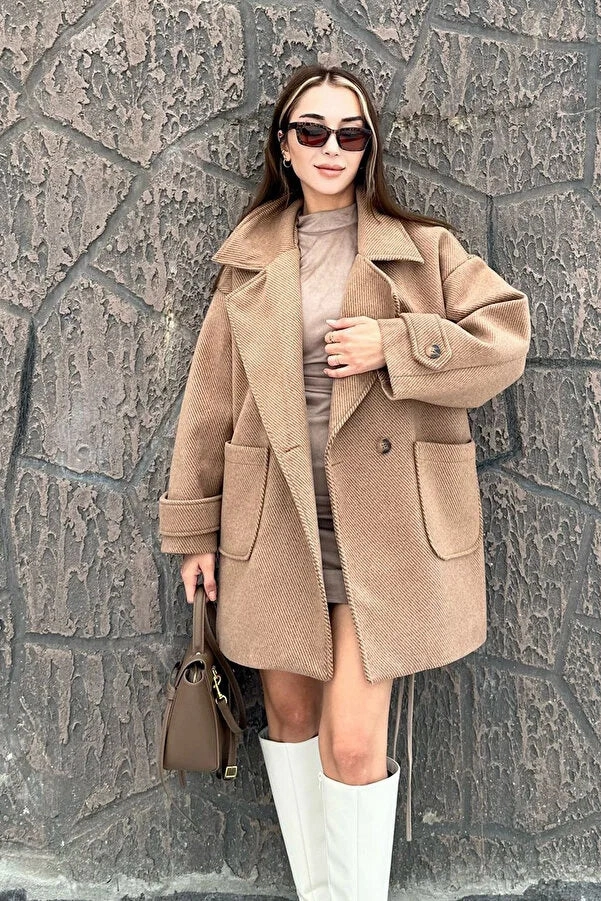 Three Quarter Length Coats By Gecce Women's Camel Sleeve Detailed Double Pocket Lined Cashmere Coat