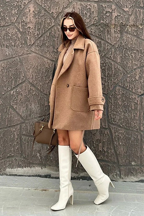 By Gecce Women's Camel Sleeve Detailed Double Pocket Lined Cashmere Coat Male Fur Coats