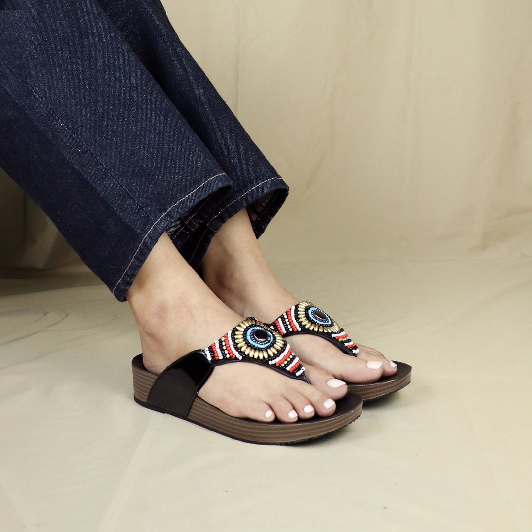 Boho Beaded Flatform Flip-Flops [LiteStep Collection] Slim Leather Flip Flops