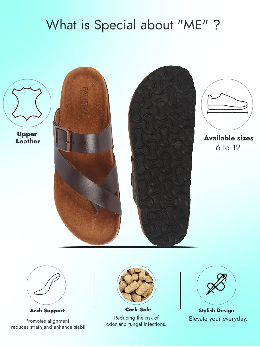Gentle Souls Sandals Men Brown Genuine Leather Toe Ring Adjustable Strap Slip On Outdoor Slippers|Cork Latex Suede Footbed|Deep Heel Cup Insole