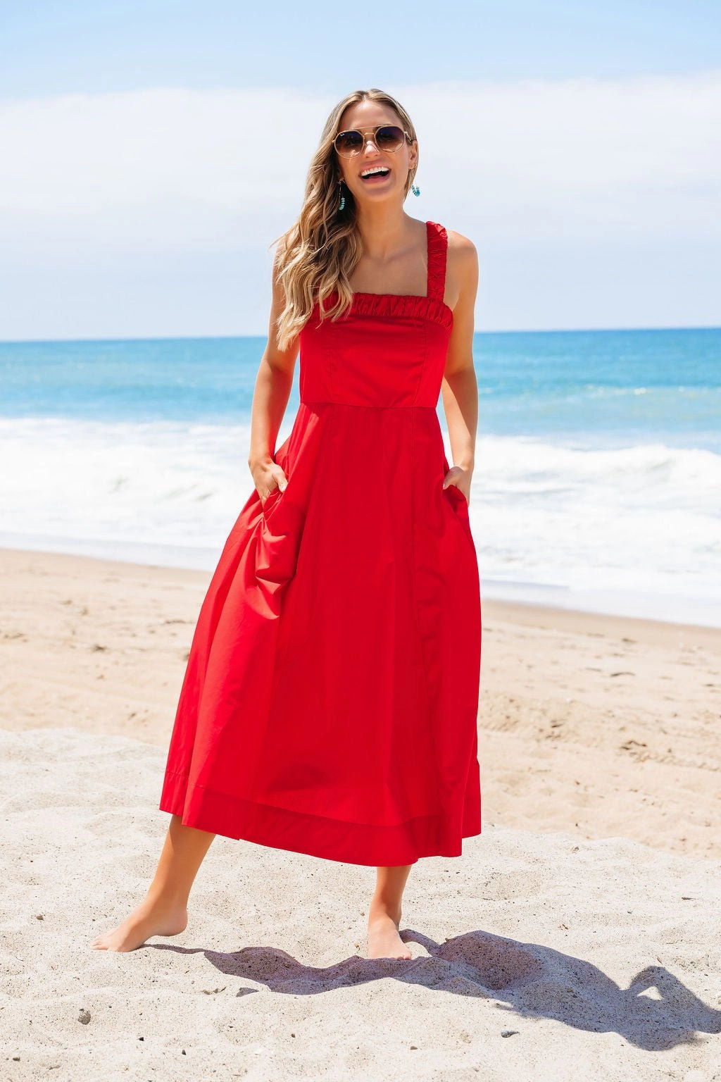 Dillion Midi Dress Red Smock Ruched Tie Strap Midi Dress - FINAL SALE