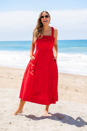 Pleated Skirt Midi Dress Red Smock Ruched Tie Strap Midi Dress - FINAL SALE