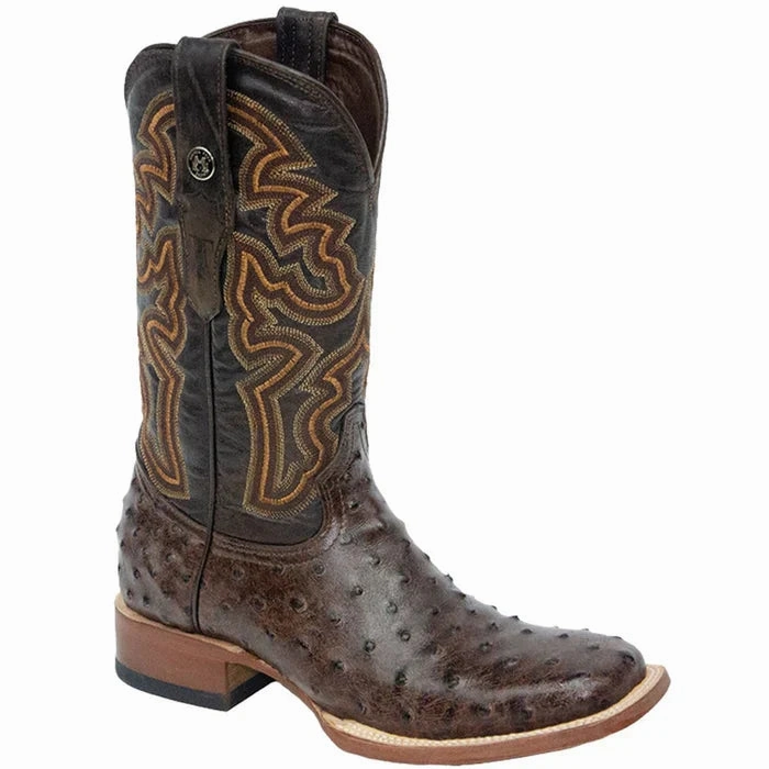 Men's Print Ostrich Square Toe Boots Rustic Brown Motorcycle Touring Boots