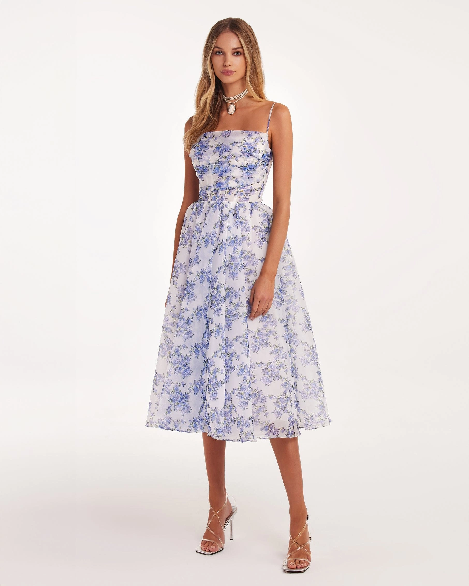 Bridesmaid Wedding Dress Blue Hydrangea spaghetti strap midi dress