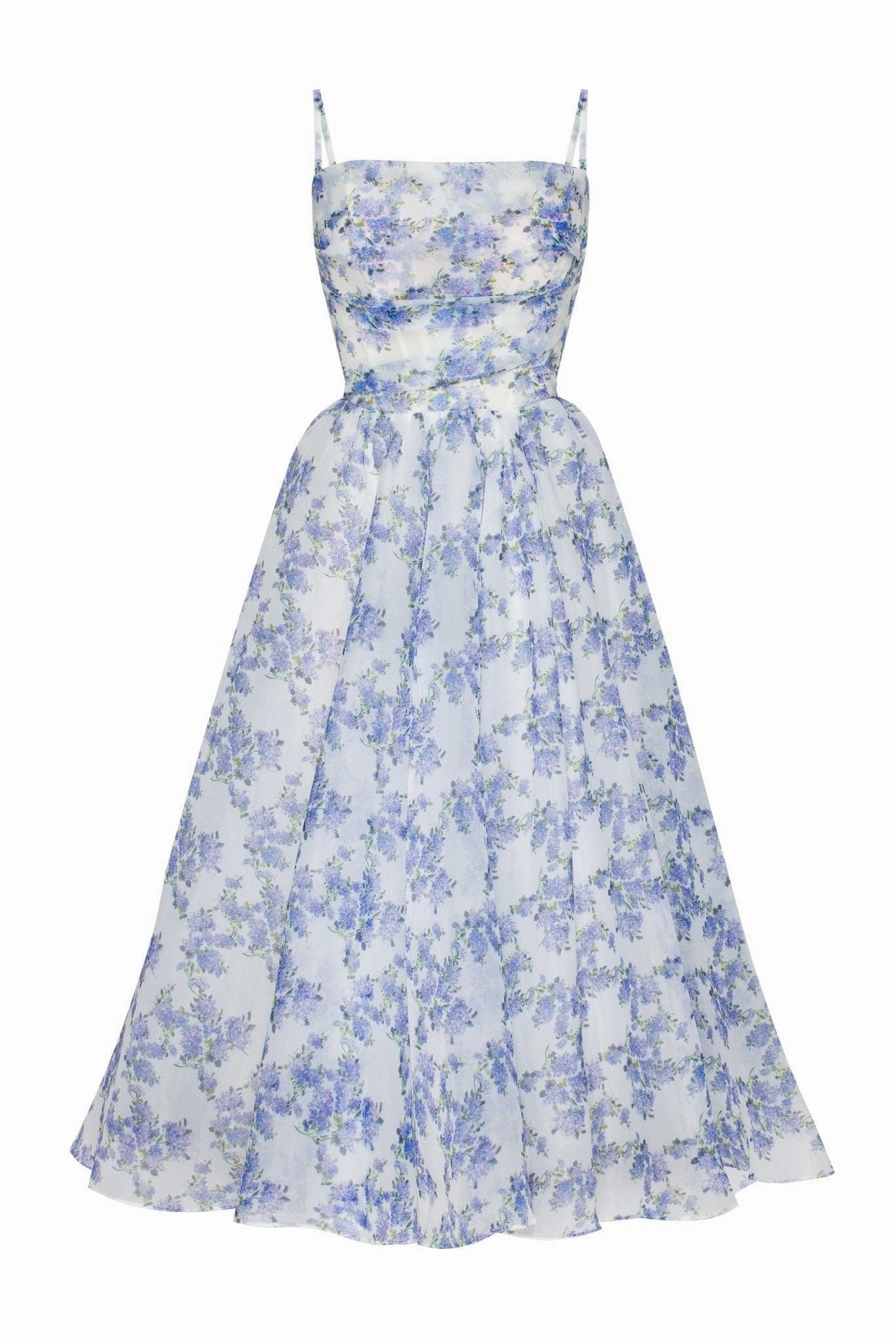 A Line Dress Blue Hydrangea spaghetti strap midi dress