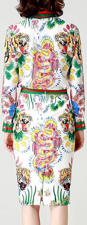 Print Web-Trim Shirt and Pencil Skirt Set