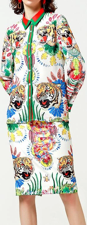 Print Web-Trim Shirt and Pencil Skirt Set 