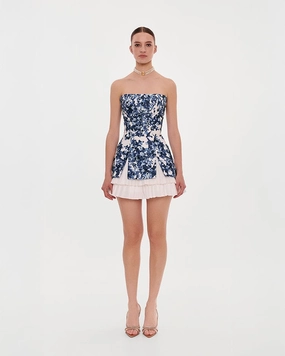 Strapless blue hydrangea mini dress with accent lacing Strapless Leather Dress