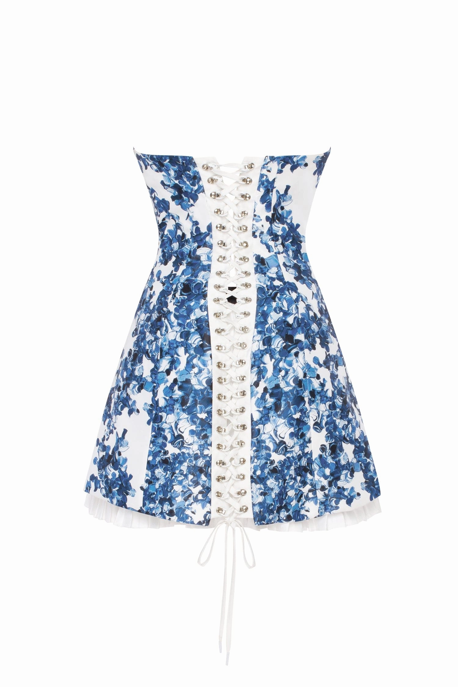 Naughty Or Nice Dress To Impress Strapless blue hydrangea mini dress with accent lacing