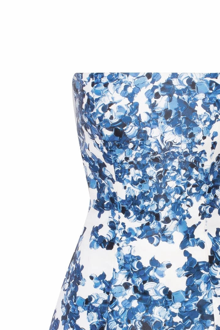 Strapless blue hydrangea mini dress with accent lacing Gold Dress Corset