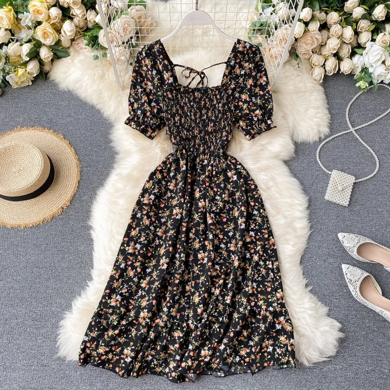 Puff Sleeve Midi Dress Bohemian Floral Print In 8 Different Colors You Choose Tiny Flowers Print Square Smocked Bust Ruffled Hem White Black Pink Blue Yellow Purple Green  Beige Red One Size Moon River Striped Midi Dress