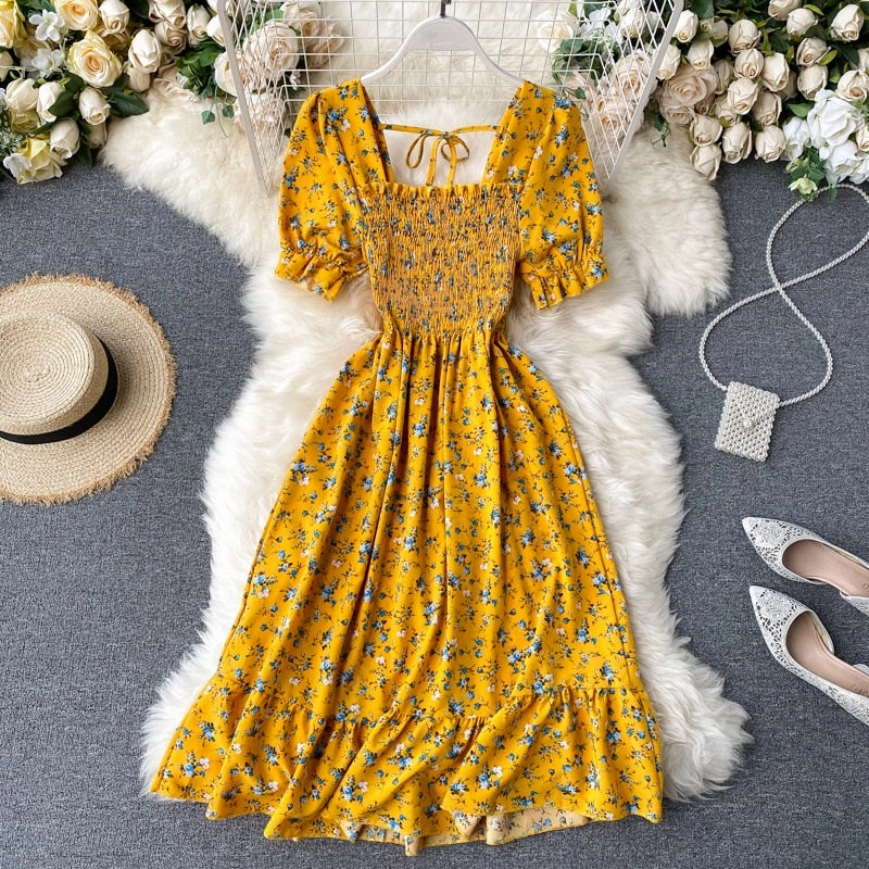 Pearl Embellished Midi Dress Puff Sleeve Midi Dress Bohemian Floral Print In 8 Different Colors You Choose Tiny Flowers Print Square Smocked Bust Ruffled Hem White Black Pink Blue Yellow Purple Green  Beige Red One Size
