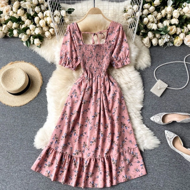 Puff Sleeve Midi Dress Bohemian Floral Print In 8 Different Colors You Choose Tiny Flowers Print Square Smocked Bust Ruffled Hem White Black Pink Blue Yellow Purple Green  Beige Red One Size Premium Lace Insert Pleated Midi Dress