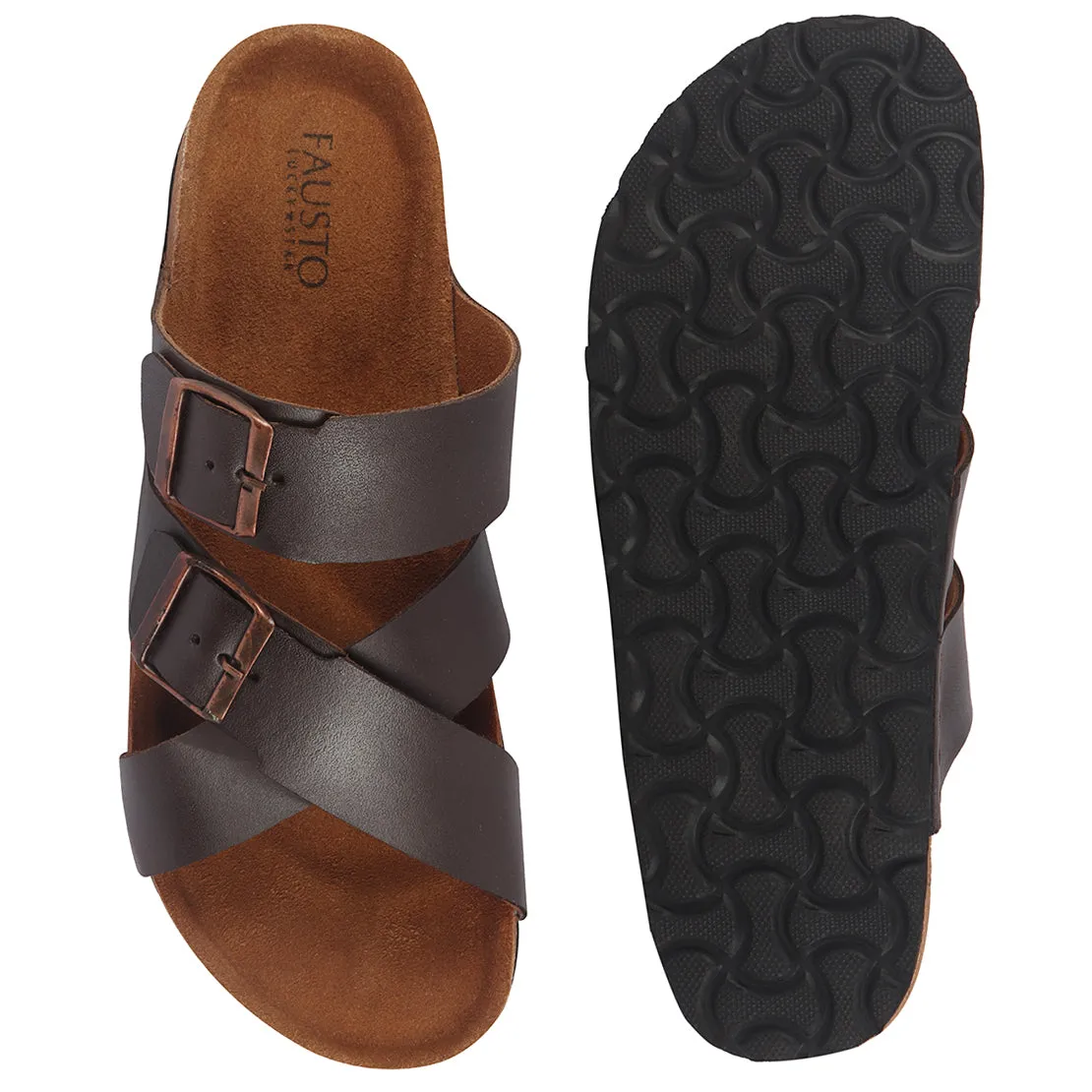 Men Brown Genuine Leather Open Toe Multi Adjustable Strap Ethnic Kurta Slip On Sandals|Anti-Skid Sole Slippers|Cork Latex Suede Footbed Taos Trulie Sandals