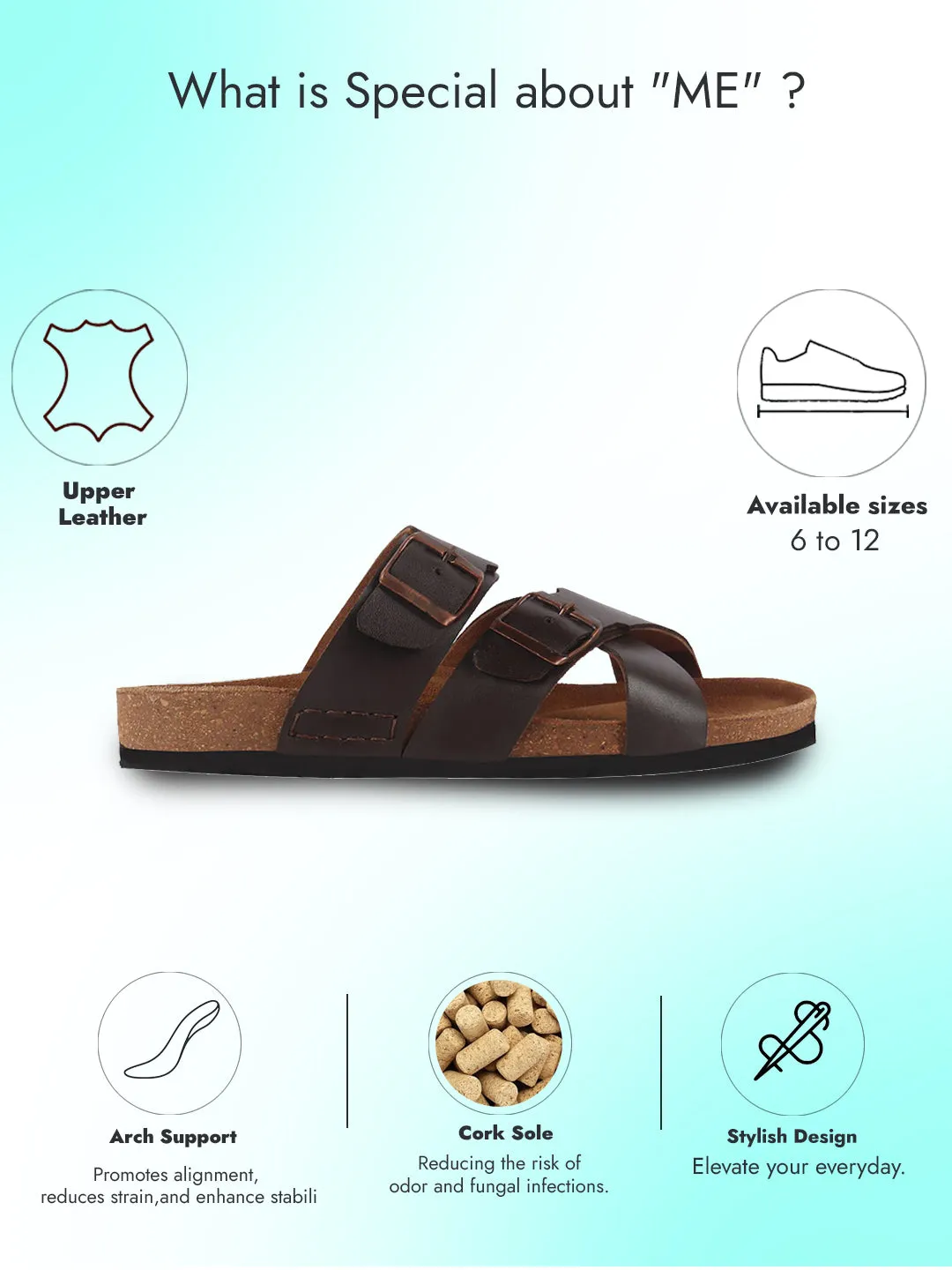Slide Sandals Heels Men Brown Genuine Leather Open Toe Multi Adjustable Strap Ethnic Kurta Slip On Sandals|Anti-Skid Sole Slippers|Cork Latex Suede Footbed