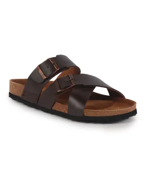 Dv Sandals Men Brown Genuine Leather Open Toe Multi Adjustable Strap Ethnic Kurta Slip On Sandals|Anti-Skid Sole Slippers|Cork Latex Suede Footbed